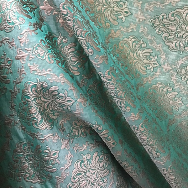 Emerald green metallic peach moroccan jacquard Mikado brocade great for dress prom jacket skirt and table cover  made in ITALY