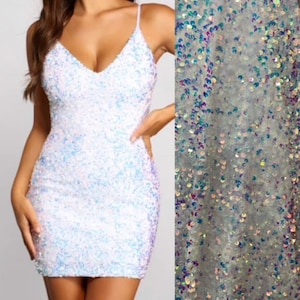 White iridescent AB 4 way stretch velvet sequence velvet great fabrics for prom dress table cover and much more made in Sp