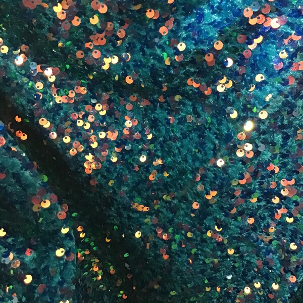 Teal iridescent sequins 4 way stretch velvet sequence velvet great fabrics for prom dress table cover and much more made in Sp