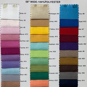 May include: A fabric swatch card featuring a variety of colors of Habutae fabric. The card displays a range of hues, including white, pink, yellow, blue, and green. The fabric is 58 inches wide and made of 100% polyester.