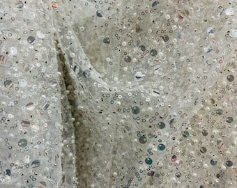 White Sequin Beaded Stone Lace, Italian Design