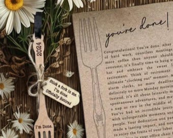 Stick a Fork in Me – I’m Done” Retirement Gift Set | Wooden Fork Ornament + Keepsake Card
