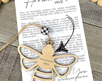 Wooden Bee Ornament | Car Charm | Team Appreciation Gift with “The Harmonious Hive” Poem