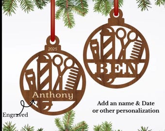Personalized Barber Ornament – Custom Wood Barber Tools, Christmas Gift