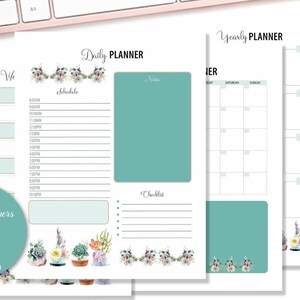 May include: A digital planner with a succulent theme. The planner includes daily, weekly, monthly, and yearly pages. The pages are decorated with watercolor succulents and floral accents. The planner is available in A4 size and is printable in JPEG and PDF formats.