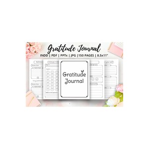 Könnte beinhalten: Ein druckbares Dankbarkeits-Tagebuch in Schwarzweiß mit 150 Seiten. Das Tagebuch enthält Aufforderungen zur täglichen Reflexion und Dankbarkeitsübungen. Das Cover zeigt den Text "Gratitude Journal" mit einem kleinen Blattdesign.