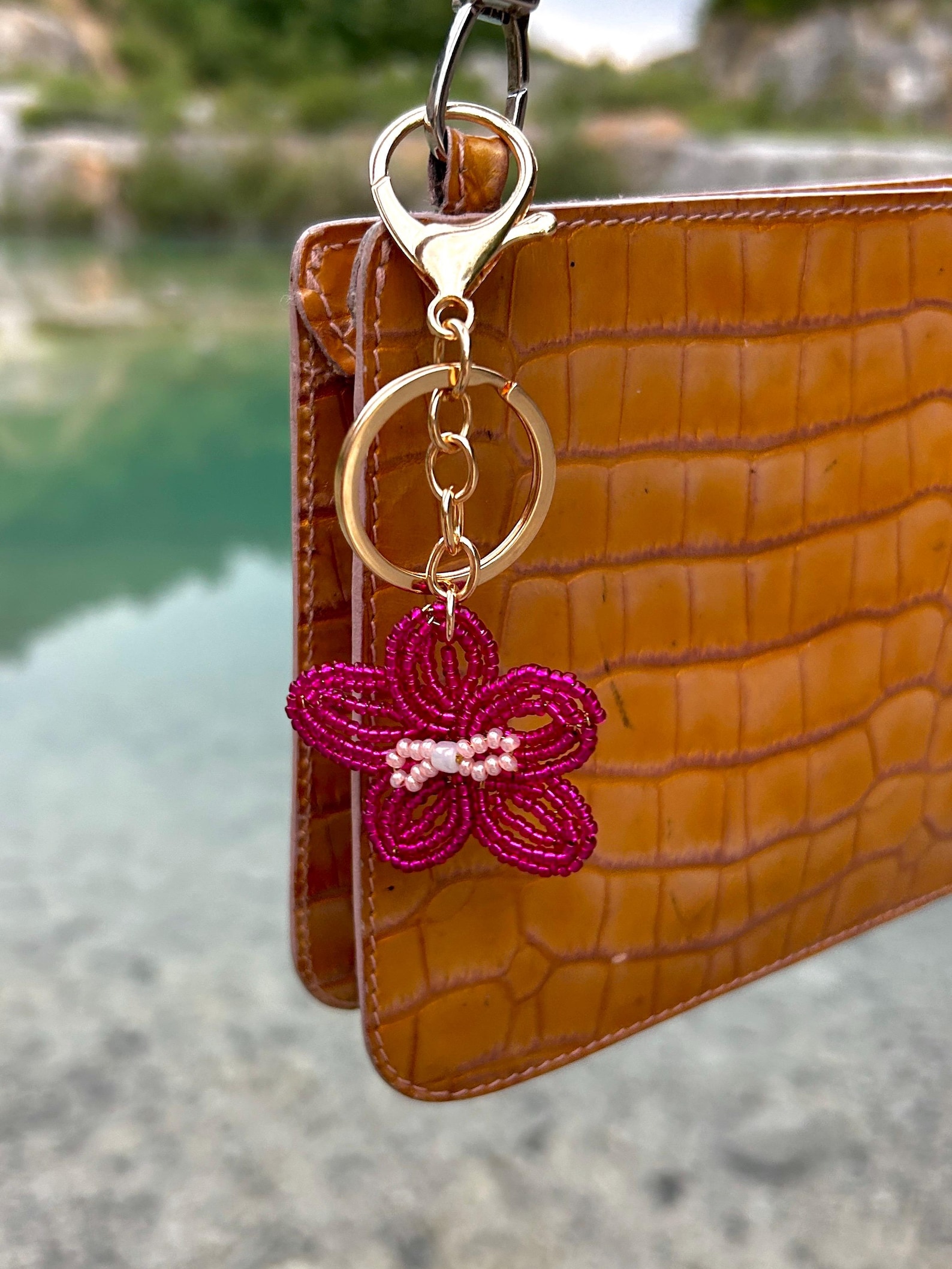 Piercing Keychain Hand Beaded Pink Orchid Flower Bag Charm | Handmade Keychain | French ...