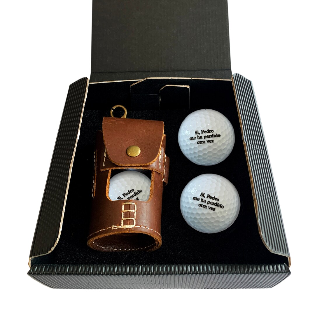 Set of 4 Golf Balls in a Leather Case. Engrave Your Text or Message on