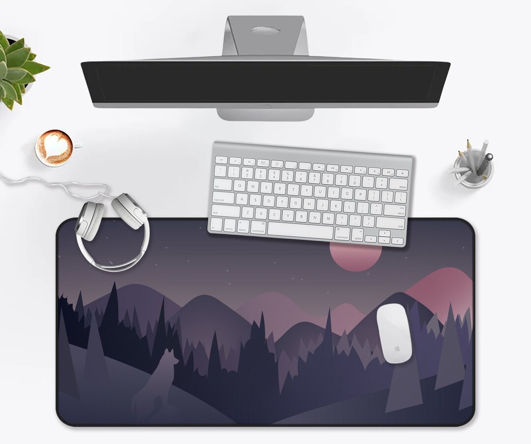 Night Wolf Desk Mat Wolf Howl Desk Mat Pink Moon Flat Art Etsy