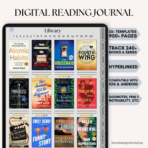 May include: A digital reading journal app interface with a library of books, a list of challenges, and a section for tracking books and series. The app is compatible with iOS and Android devices and includes features like hyperlinking, note-taking, and mood boards.