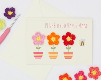 Pen-blwydd Hapus Mam Nain Mam-gu Card with Crochet Flower Decorations | Welsh Happy Birthday Mum Nan Card and Envelope