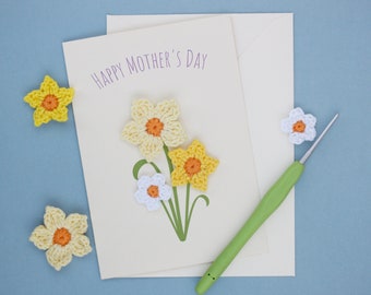 Mother's Day Card Handmade with Crochet Daffodils A6 Size includes Envelope