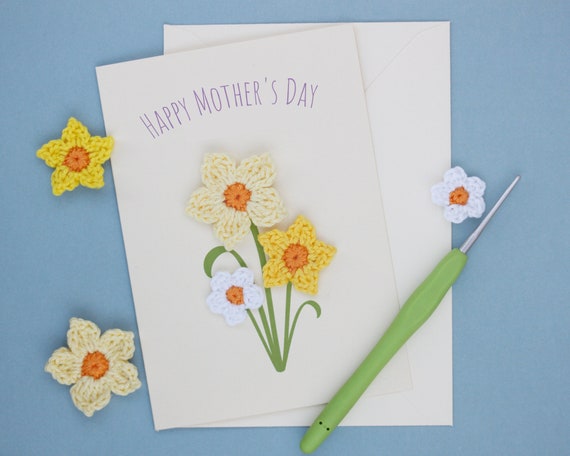 Mother's Day Card (A6 Size) Handmade Crochet Daffodils Pretty Spring Floral Keepsake for Mum
