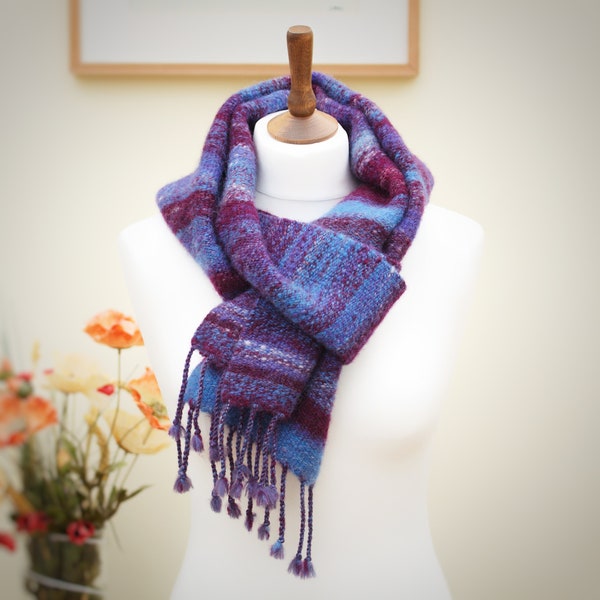 Pure Wool Handspun Scarf 100% British Wool Large Purple & Blue Hand Dyed Handwoven Scarf for Women Made in the UK