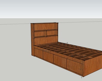 May include: A wooden bed frame with a headboard that has built-in shelves. The bed has a slatted base and three drawers underneath.