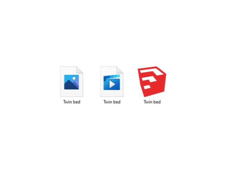 Puede incluir: Tres iconos de archivo, cada uno con un icono diferente que representa un tipo de archivo diferente. El primer icono es un icono de imagen azul, el segundo icono es un icono de video azul y el tercer icono es un icono de Adobe Illustrator rojo. Cada icono est&aacute; etiquetado como "Twin bed".