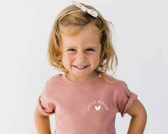 Little Sister Organic Cotton T-Shirt | Natural Shirt | Little Sister Pocket Design Shirt | Minimalist Kid's Clothing | Matching Sibling Tops