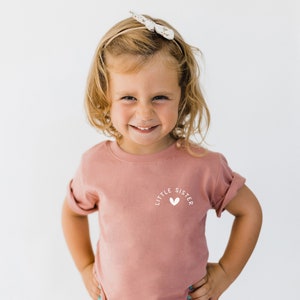 Little Sister Organic Cotton T-Shirt Natural Shirt Little Sister Pocket Design Shirt Minimalist Kid's Clothing Matching Sibling Tops image 1