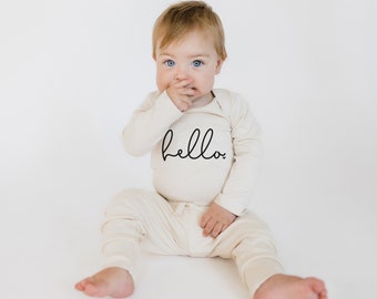 Hello Newborn Onesie | Organic Cotton Natural Infant Bodysuit | Gender Neutral Coming Home Outfit | New Baby Gift | Minimalist Baby Apparel