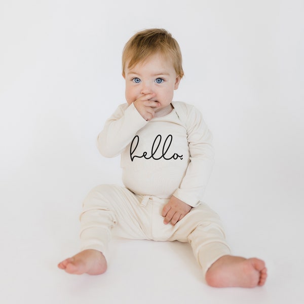 Hello Newborn Onesie | Organic Cotton Natural Infant Bodysuit | Gender Neutral Coming Home Outfit | New Baby Gift | Minimalist Baby Apparel