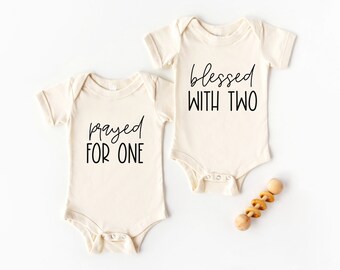 Twin Pregnancy Announcement Baby Onesies | Prayed For One, Blessed With Two | Organic Cotton Bodysuit | Grandparent Reveal | Baby On The Way