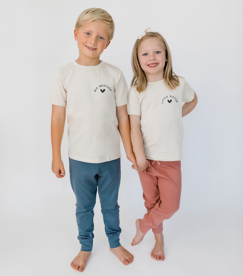 Little Sister Organic Cotton T-Shirt Natural Shirt Little Sister Pocket Design Shirt Minimalist Kid's Clothing Matching Sibling Tops image 2