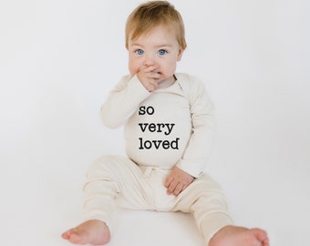 So Very Loved Newborn Organic Cotton Bodysuit | Gender Neutral Minimalist Baby Onesie | Unisex Natural Baby One Piece | Hospital Baby Outfit