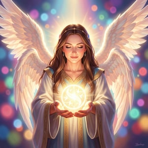 Può includere: Una figura con grandi ali di piume bianche e lunghi capelli castani, che indossa una veste bianca e blu con bordi dorati. La figura tiene tra le mani un globo di luce circolare brillante, su uno sfondo bokeh morbido e colorato.