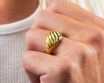 18K Gold Croissant Ring - Dome Ring, Chunky Ring, Gold Braid Rope Ring, Classic Croissant Ring for Women, Signet Ring, Twist Rope, Gifts