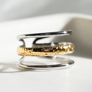 18K Gold Two Tone Ring - Mixed Metal Ring, Three-layer Ring, Hammered Ring, Summer Jewelry, Bridesmaid, Wedding, Minimalist Ring, Women Gift