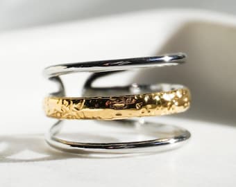 18K Gold Two Tone Ring - Mixed Metal Ring, Three-layer Ring, Hammered Ring, Summer Jewelry, Bridesmaid, Wedding, Minimalist Ring, Women Gift