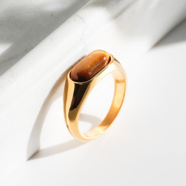 Bague superposable oeil de tigre en or 18 carats | Bracelet tendance | Bijoux de mariage | Bague épaisse | Cadeau de mariée | Bijoux d'été | Bague pour femme