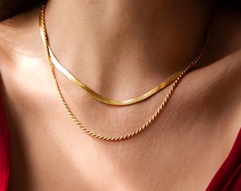 18K Gold Layered Halskette - Set aus zwei Ketten, Fischgräten-Seilkette, zierliche Doppelkette, Geschenk für sie, wasserdichter Schmuck, Weihnachtsgeschenk