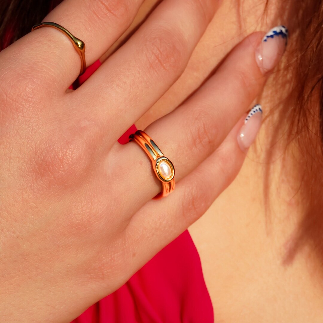 18K Pearl Band Ring Vintage Style Ring Gold Pearl Stainless Steel Ring