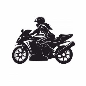 Könnte beinhalten: Schwarz-weiße Silhouette einer Person, die ein Motorrad fährt. Die Person trägt einen Helm und beugt sich beim Fahren nach vorne.