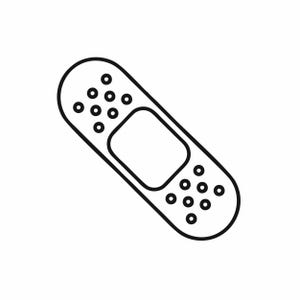 Peut inclure: Un dessin au trait noir et blanc d'un pansement. Le pansement a un tampon adhésif rectangulaire au centre et une bordure adhésive texturée.