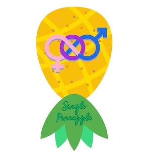 Op de afbeelding: Een gele ananasafbeelding met een rasterpatroon en kleine hartvormen. De ananas heeft een roze Venus-symbool, een blauw Mars-symbool en een paars, verweven symbool. De tekst "Single Pineapple" is in groen.