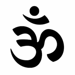 May include: A black and white illustration of the Om symbol, a sacred sound and spiritual symbol in Hinduism and Buddhism.