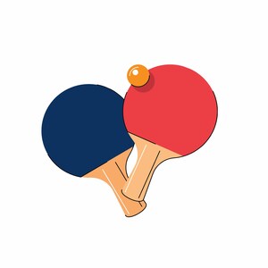 Può includere: Due racchette da ping pong con manici arancioni e racchette rosse e blu. Una piccola pallina da ping pong arancione si trova tra le racchette.