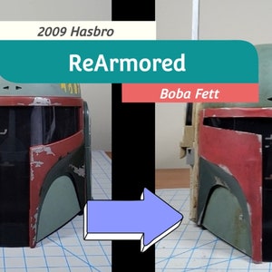 Może przedstawiać: Porównanie obok siebie hełmu Boba Fett Hasbro z 2009 roku przed i po ponownym pomalowaniu i ponownym opancerzeniu. Tekst "ReArmored Boba Fett" jest wyświetlany nad obrazem.