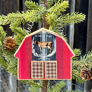 Red Cow Barn Ornament, Christmas Tree Ornament, Rustic Country Barn, Farmhouse, Vintage, Cow Ornament, Cow Gift, Farm Gift, Barn