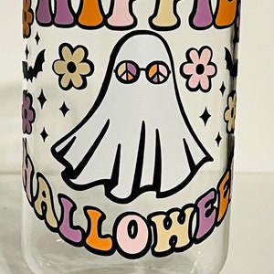 Hippie Halloween Cup Iced Coffee Cup Glass - Hippie Ghost Glass Jar - Ghost Coffee Glass Cup - Boho Beer Glass Jar - Iced Coffee Glass
