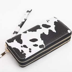 Double Zipper 16 Card Slots Quilted Wallet Cellphone Long Wristlet with Wristband, Cow print, Geometry