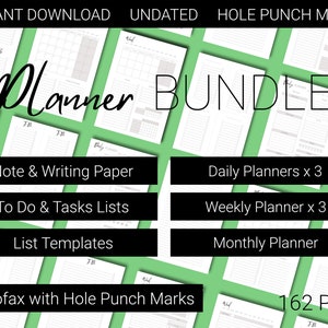 Op de afbeelding: Een groene en witte plannerbundel met 162 PDF's. De bundel bevat dagelijkse, wekelijkse en maandelijkse planners, notitie- en schrijfpapier, takenlijsten en sjablonen voor lijsten. De planners zijn ontworpen voor A5 Filofax-mappen en hebben perforatiemarkeringen.