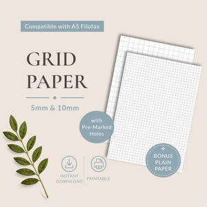 Puede incluir: Hojas de papel cuadriculado blanco con agujeros premarcados, compatibles con A5 Filofax. El texto dice GRID PAPER, 5mm & 10mm, with Pre-Marked Holes y BONUS PLAIN PAPER. Incluye iconos de descarga instantánea e imprimible con una hoja verde.