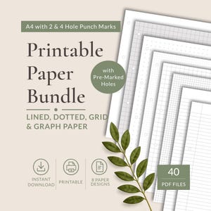 Paquete de papel imprimible perforado tamaño A4 / Papel liso, rayado, punteado, cuadriculado y cuadriculado / Descarga en PDF