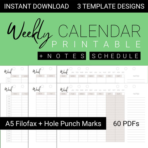 A5 Filofax Weekly Calendar + Hole Punch Marks | Weekly Schedule | Weekly Timetable | Printable Calendar | Undated | Filofax A5 | Filofax Zip