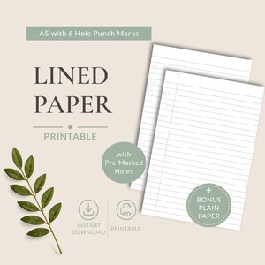 Papel rayado A5 imprimible / Insertos para agenda de 6 anillas, papel liso de regalo (descarga digital)