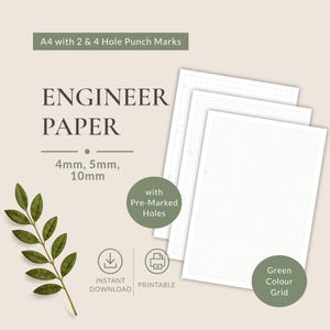 Puede incluir: Papel de ingeniero A4 con cuadrícula verde en 4mm, 5mm y 10mm. Las hojas incluyen orificios premarcados para perforadoras de 2 y 4 agujeros. Texto: A4 with 2 & 4 Hole Punch Marks, ENGINEER PAPER, 4mm, 5mm, 10mm, with Pre-Marked Holes, Green Colour Grid, INSTANT DOWNLOAD, PRINTABLE.