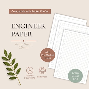 Könnte beinhalten: Ingenieurpapier-Einlagen für Pocket Filofax-Planer mit grünem Raster und vorgestanzten Löchern. Der Text lautet Compatible with Pocket Filofax, ENGINEER PAPER, 4mm, 5mm, 10mm, with Pre-Marked Holes, INSTANT DOWNLOAD, PRINTABLE und Green Colour Grid.